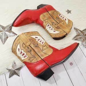 Oak Tree Farms western boots red tan butterfly ankle booties pointed size 6